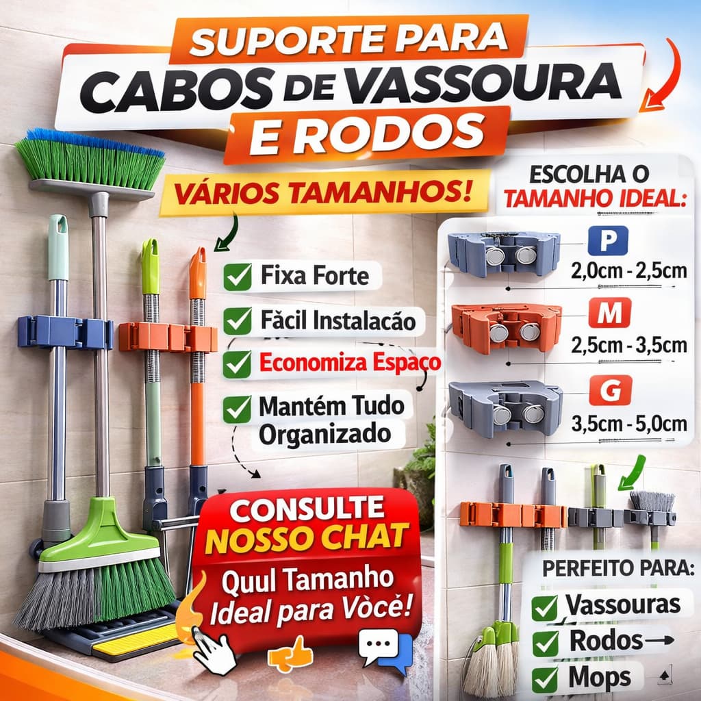 Suporte Vassoura Rodo Esfregão Organizador De Parede Porta Cabos Com Fita Dupla Face Parafuso E Bucha Vários Tamanhos