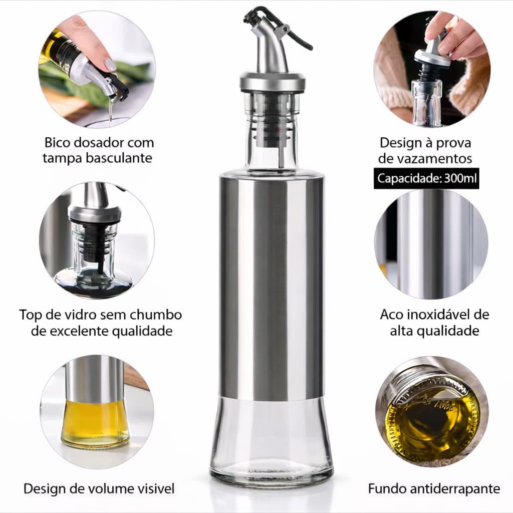 Dispenser Galheteiro dosador óleo azeite vinagre 300ml em Vidro com Tampa Inox Moderno para Cozinha