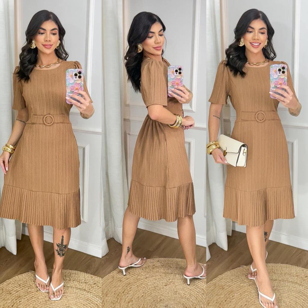 VESTIDO MIDI GOLA REDONDA (CINTO FIXO, SAIA PLISADA,FORRADO)