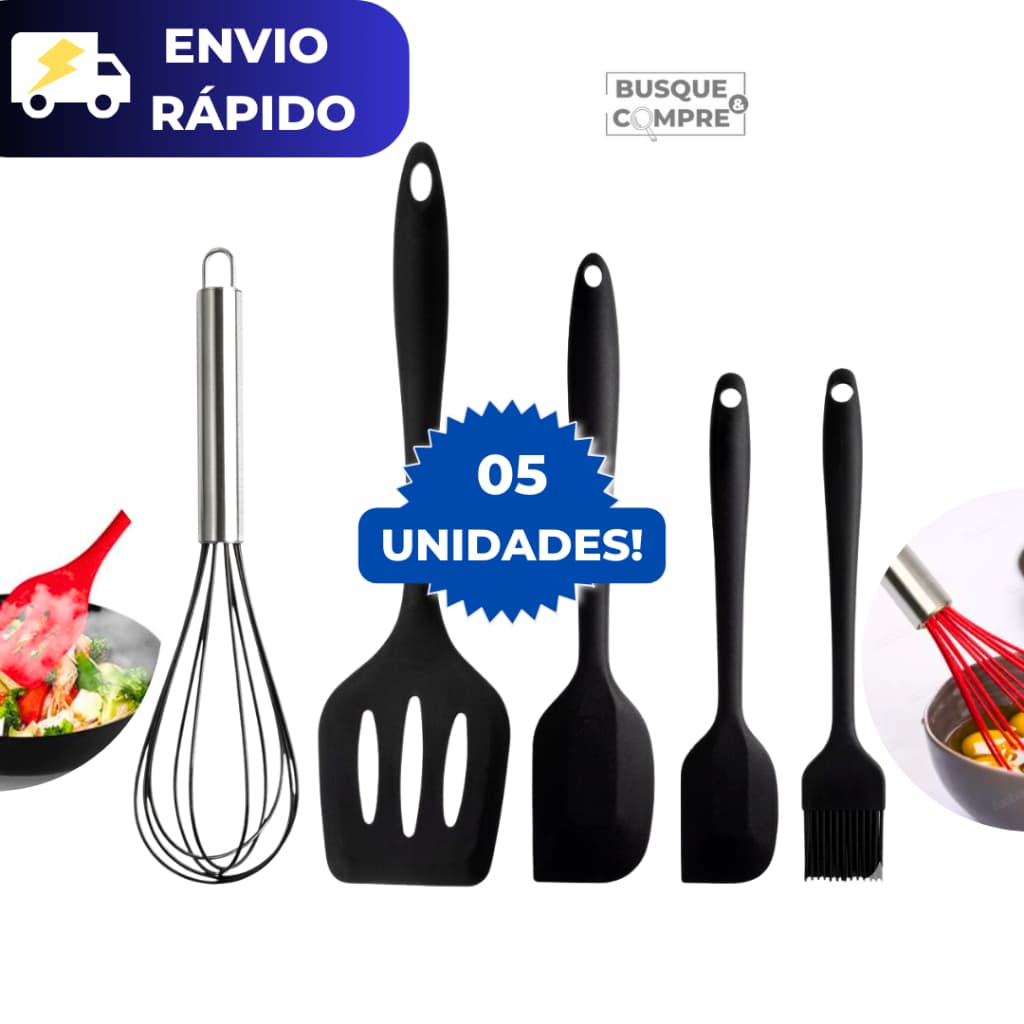Kit 5 Peças Utensilios de Silicone para Cozinha Fue Espatula Vazada e Reta e Mini Pincel