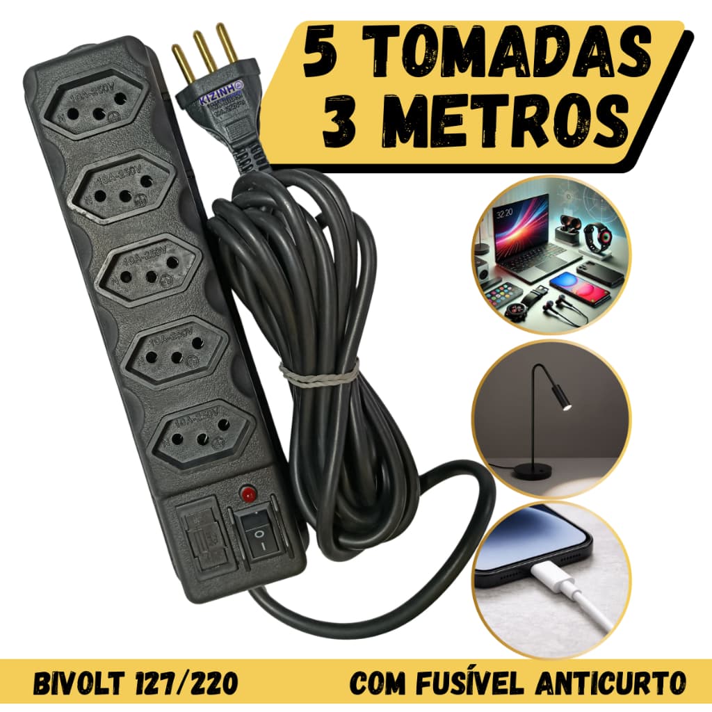 Filtro de Linha Régua de 5 Tomadas Tripolar, Preto,10A, 3 Metros, Com Fusível de Proteção