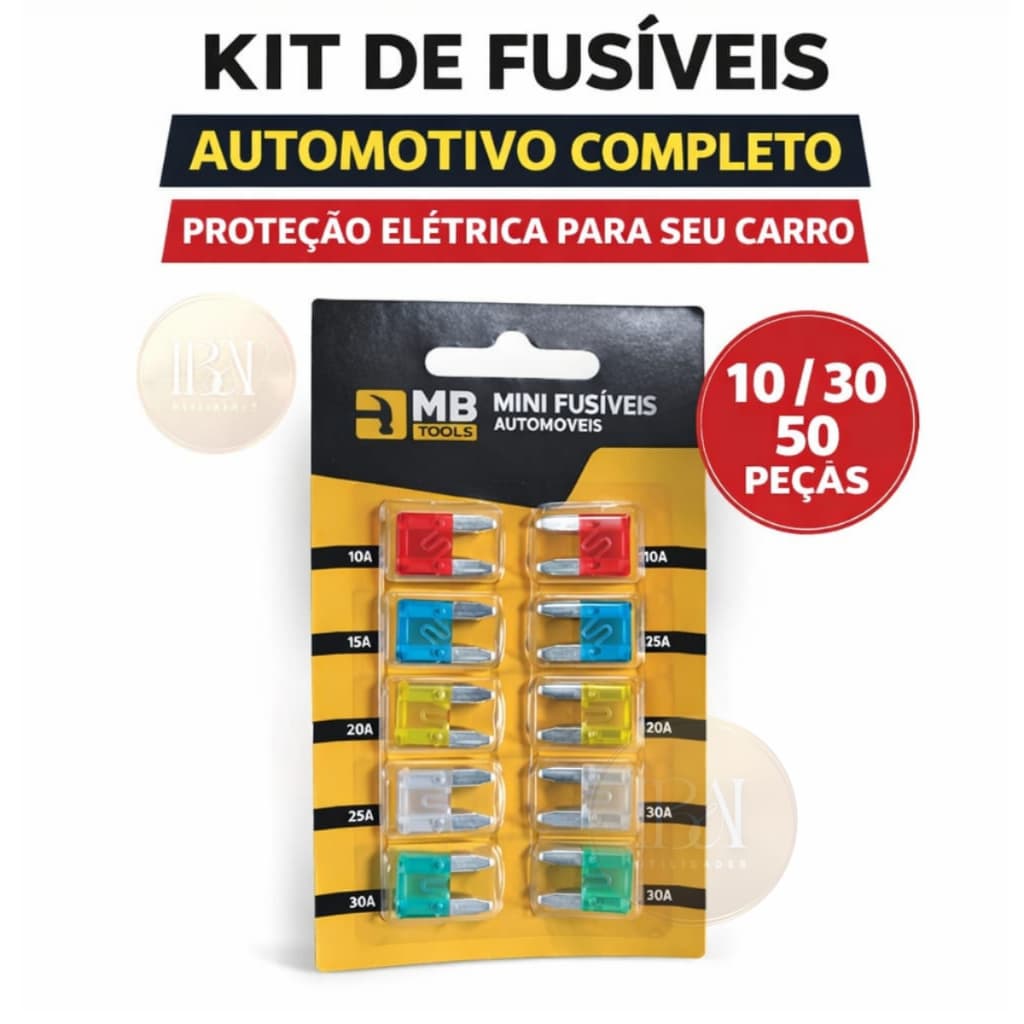 Kit Fusíveis Automotivo Mini Universal 10A a 30A – Proteção Elétrica Carro/Moto (10, 30 ou 50 Peças)