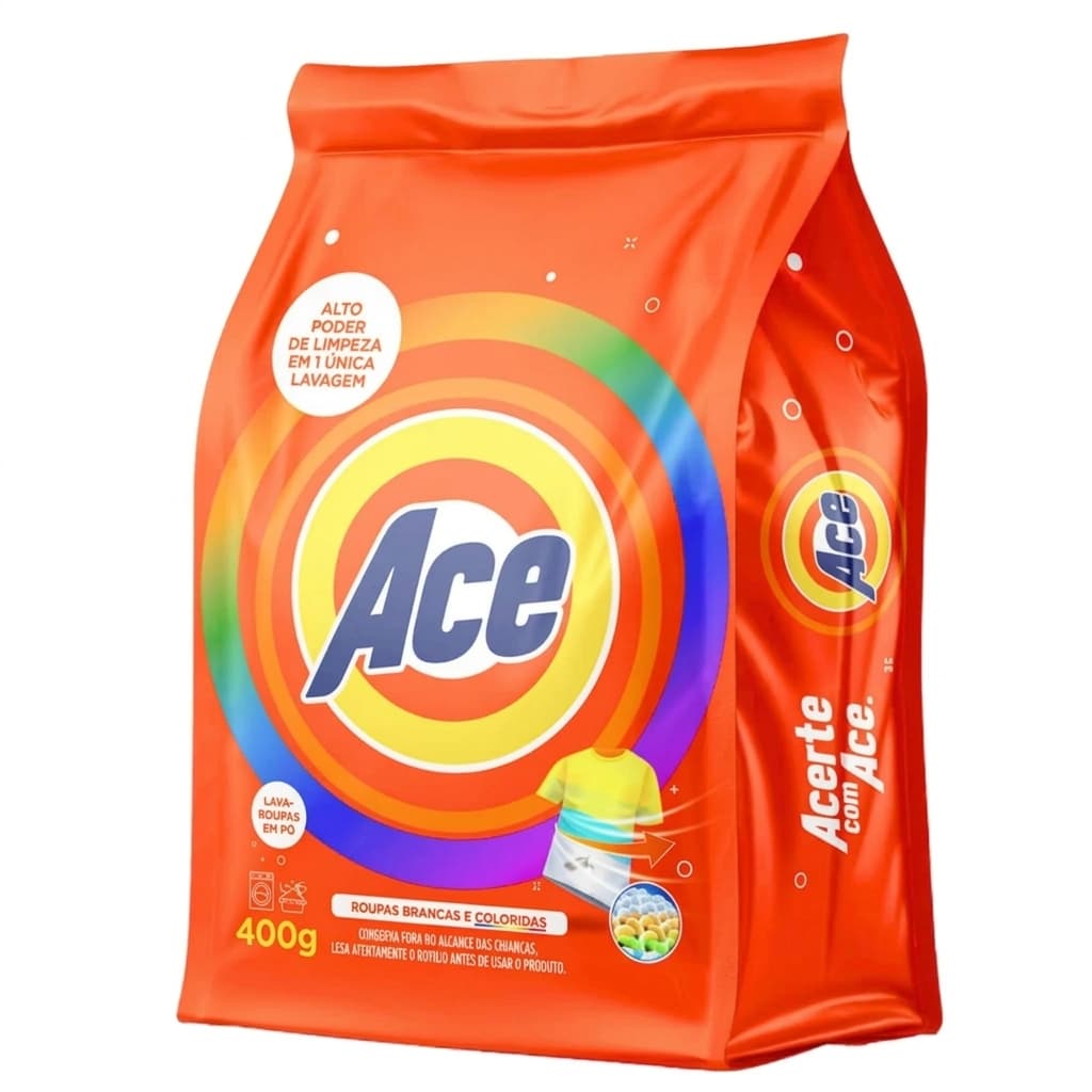 Sabão em Pó Ace 400g Lava Roupas Tira Manchas Brancas e Coloridas
