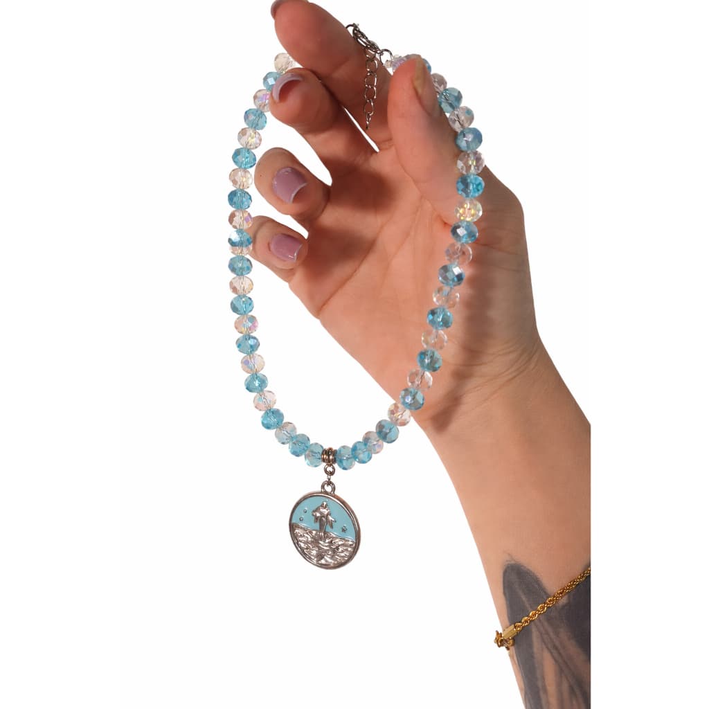 Choker Iemanjá Cristal Azul Gargantilha Espiritual Pingente Medalha Umbanda