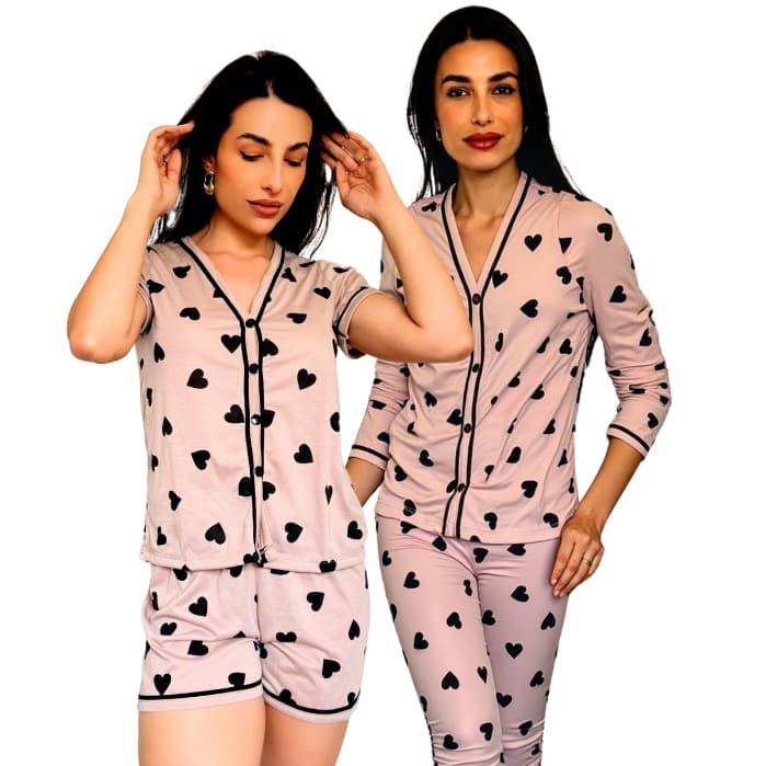 Kit Pijama Longo e Curto Estampado Gola V Americano Roupa de Dormir Amamentação Frio e Calor