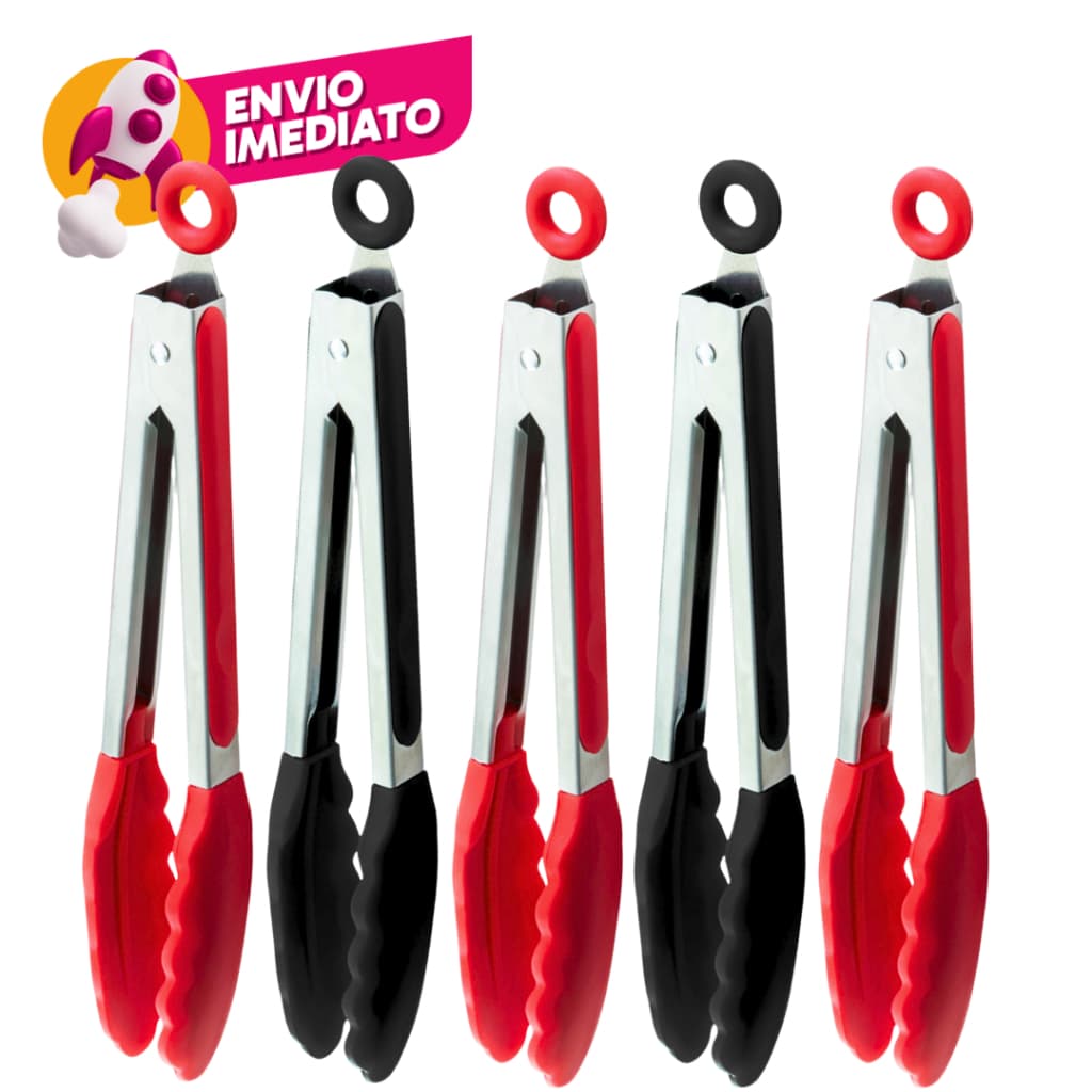 Kit Pegador Pinça Culinaria Salada 27Cm Inox E Silicone Com Pé Apoio Churrasco Cozinha Restaurante