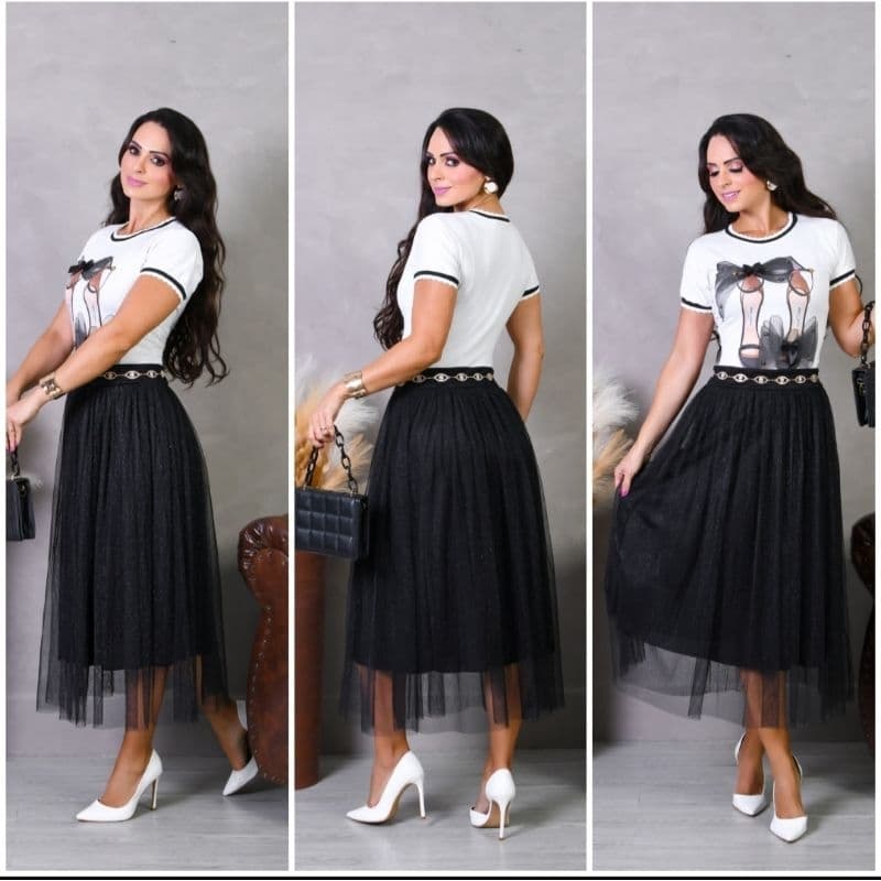 Saia de Tule Midi com Glitter Charmosa Moda Evangélica Feminina