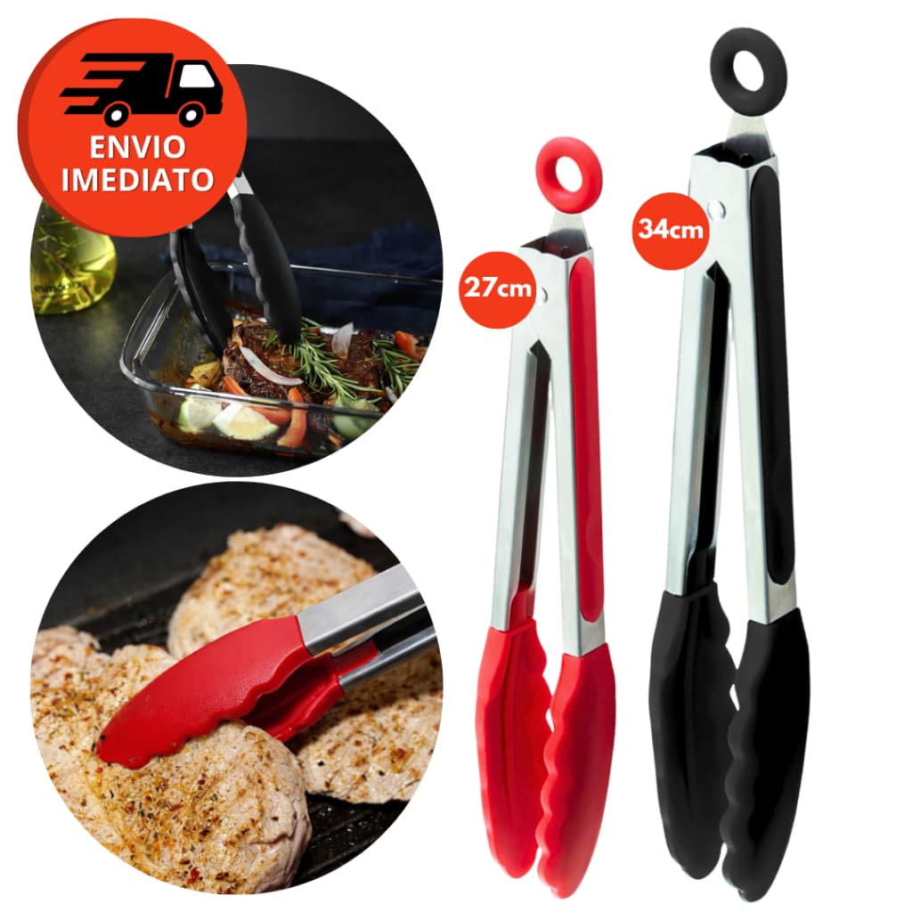 Kit Pegador Salada 27 e 34Cm Inox E Silicone Com Pé Apoio Carne Churrasco Massa Cozinha Restaurante
