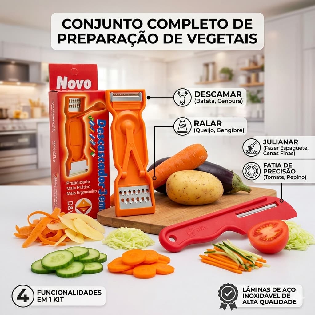 Kit 1 Fatiador Couve fininho - 1 Descascador 3 em 1 Funcionalidades