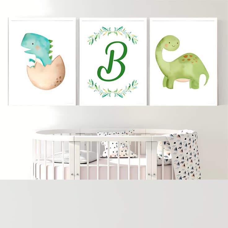 Quadro Decorativo Infantil Dinossauro Personalizado Nome Bebê Decoração Quarto 3 Peças