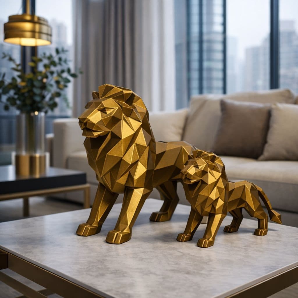 Escultura Leão Grande Estatua Decorativos Dourado Moderno Luxo Casa Sala Escritório Presente Premium
