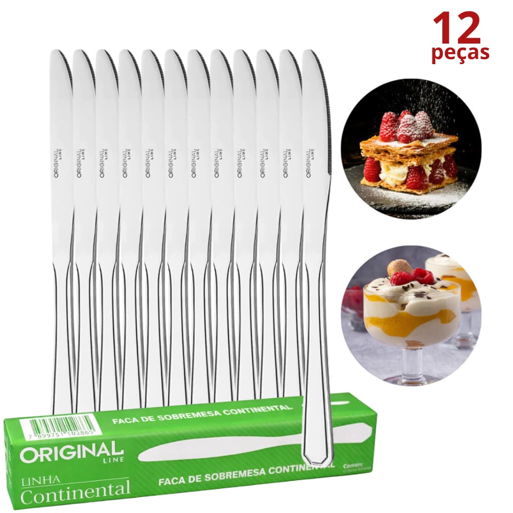 Kit 12 Facas de Sobremesa Aço Inox  Kit Continental Talheres de Sobremesa Cozinha Faqueiro