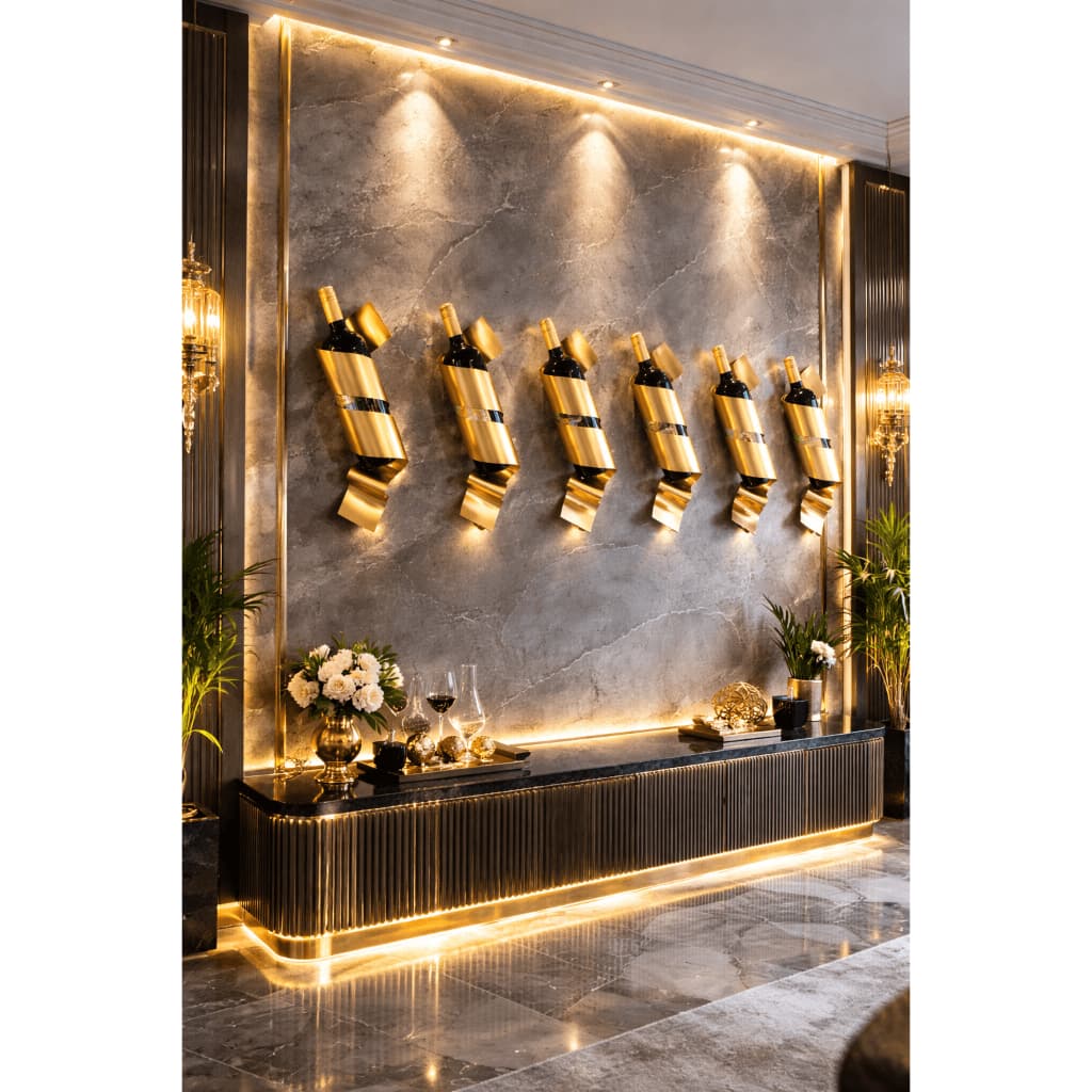 Kit 6 Adegas Esculturais Helix Gold – Suporte de Parede para Vinhos | Decoração Luxo Premium