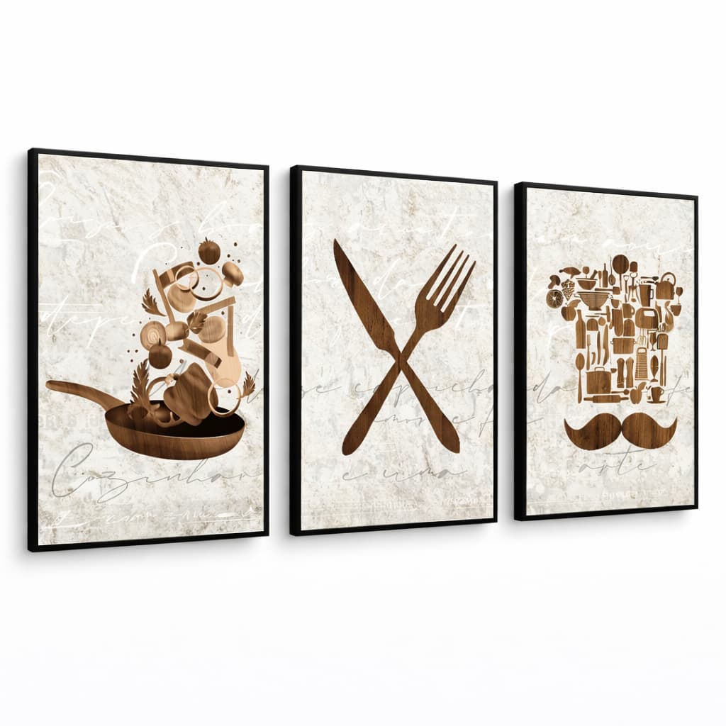Kit 3 Quadros Decorativos Cozinha Área Gourmet Churrasqueira Restaurante Talheres Mármore Rústico Moldura Painel Moderno