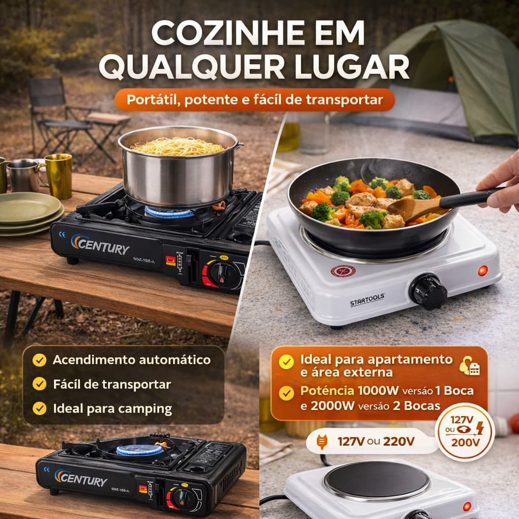 Fogareiro a Gás ou Elétrico por Indução Fogão Portátil Cooktop Aquecimento 1 ou 2 Bocas