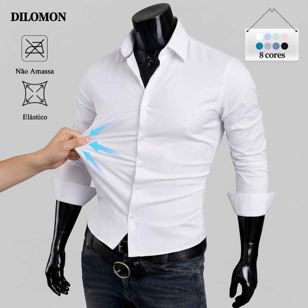 Dilomon Camisa Social Masculina Slim Fit branca - Blusa Moda Manga Longa Não Amassa Roupa do Brasil