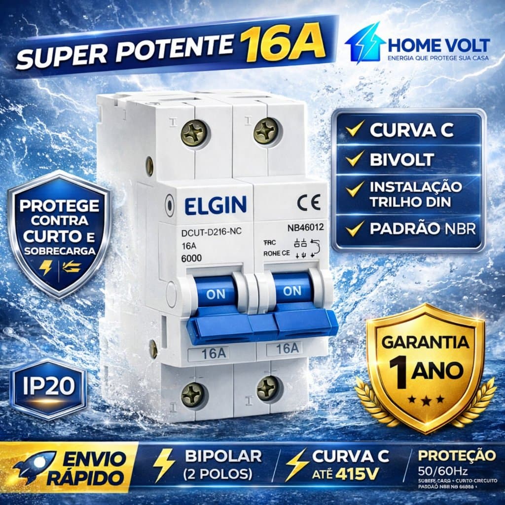 Kit com 3/5 ou 10 Disjuntores Bipolar 16A  Elgin Original Bivolt Segurança Total Residencial INMETRO