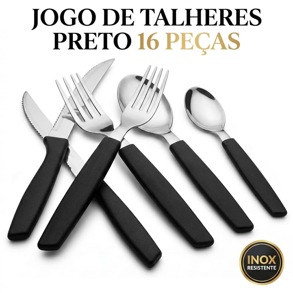 Jogo de Talheres Preto 16 Peças Inox – Faqueiro Durável, Design Moderno Para Mesa Posta e Dia a Dia