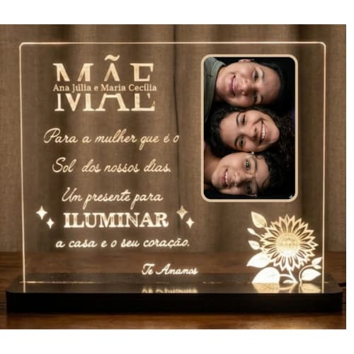 Luminária de Acrílico Premium - Base MDF LED - Personalizada - Presentes Criativos - Dia das Mães