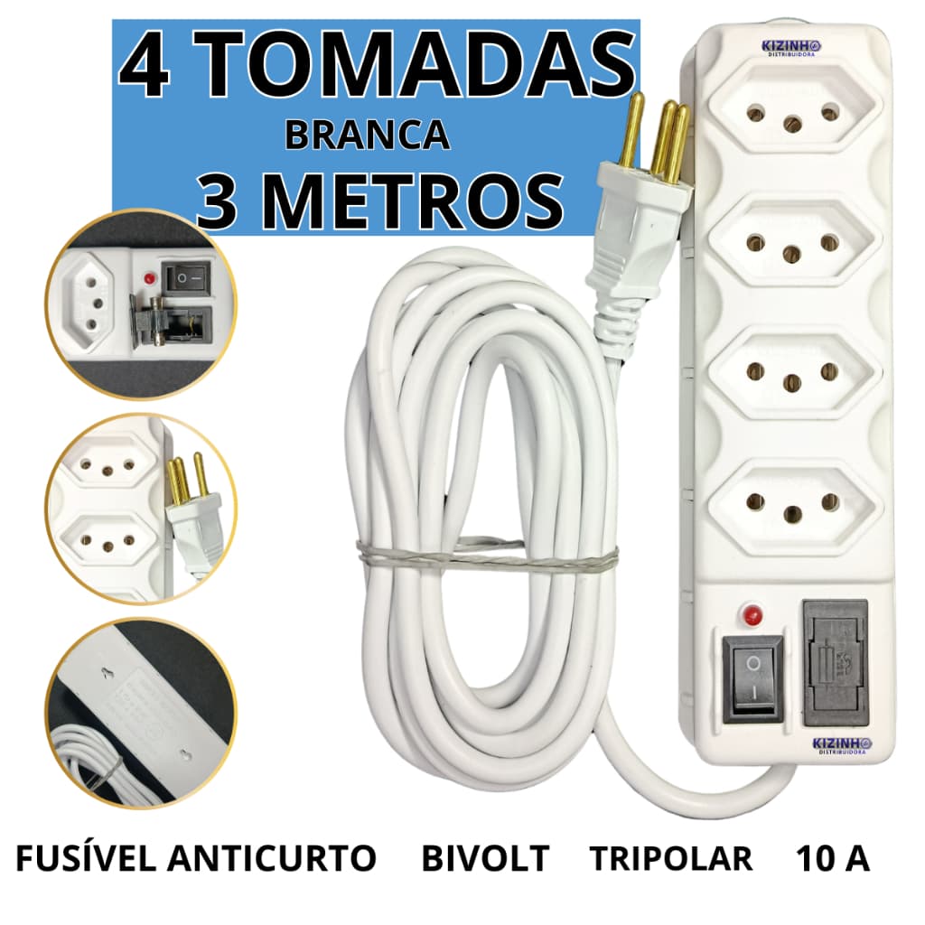 Filtro de Linha 4 Tomadas Branca Tripolar 10A 3 Metros Cabo+Régua Bivolt Fusível de Proteção e Interruptor Liga/Desliga