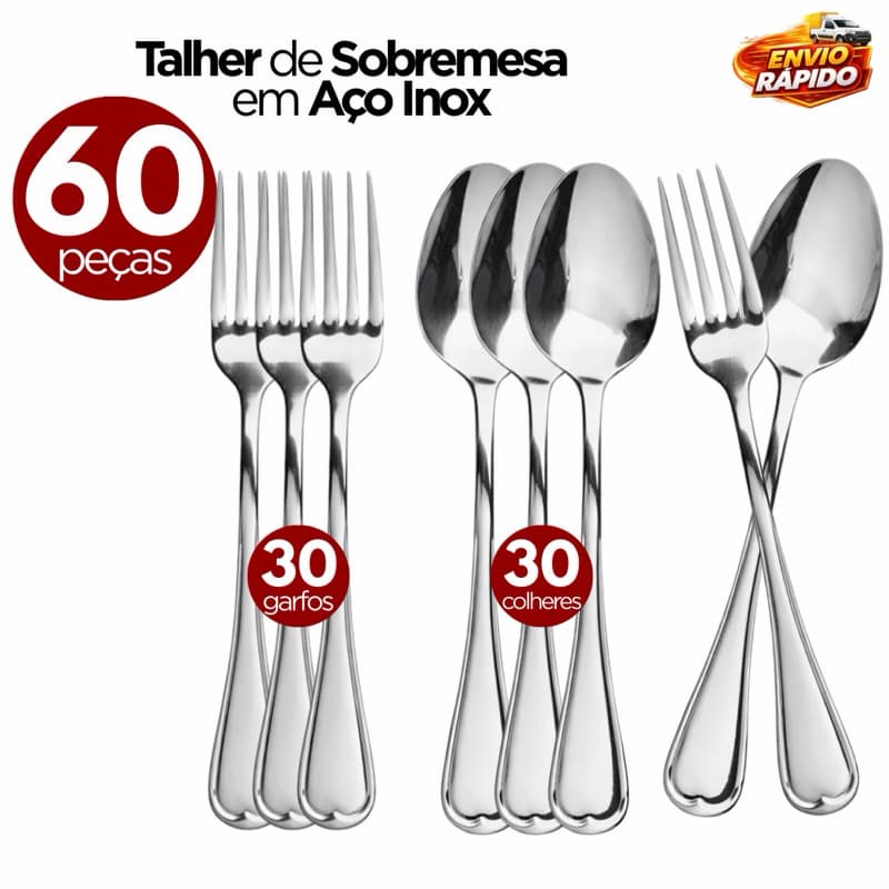 Kit 60/48/36 Colher e Garfo Sobremesa Inox Premium Alta Qualidade Durável Elegante