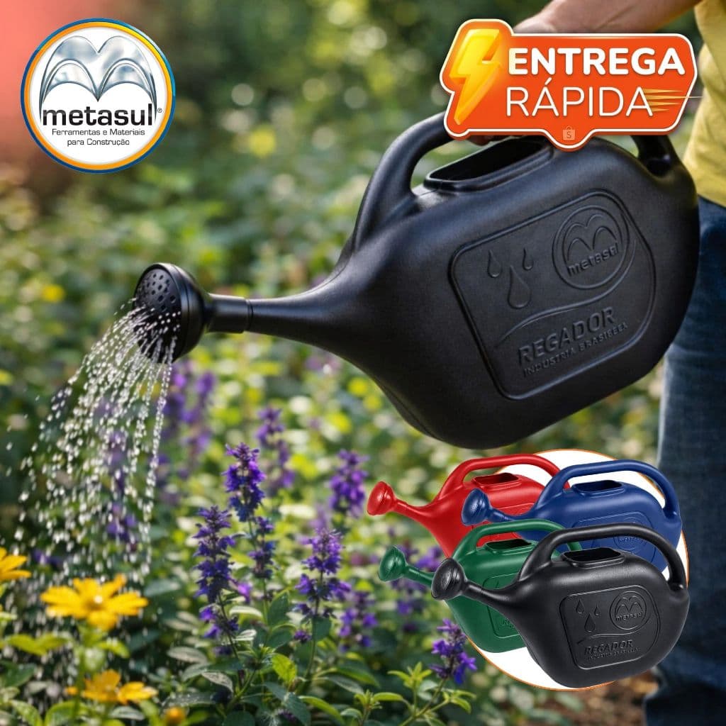 Regador Plástico 5 Litros com Bico Chuveiro Removível Metasul Alça Jardim Plantas Jardinagem Quintal