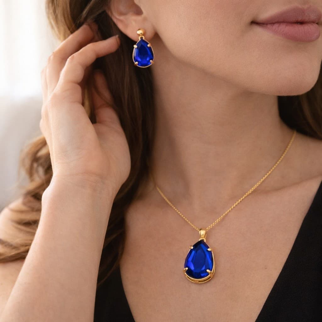 Conjunto Feminino Colar e Brinco Gota Azul Folheado a Ouro 18K Corrente Veneziana Antialérgico Pedra Brilho Intenso Pres