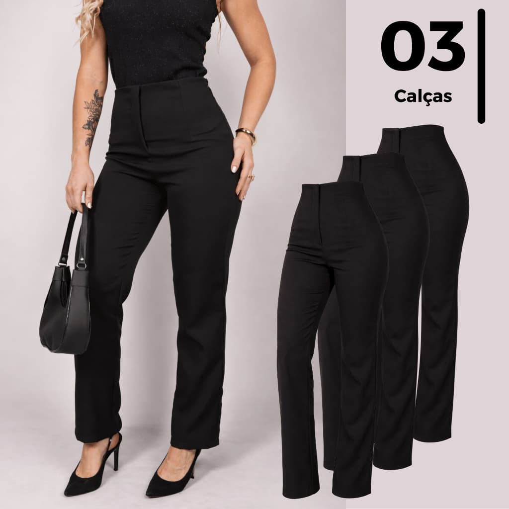 Combo de 3 Calça Feminina de Alfaiataria Reta sem Bolsos Cintura Alta Kit Casual Varias Cores