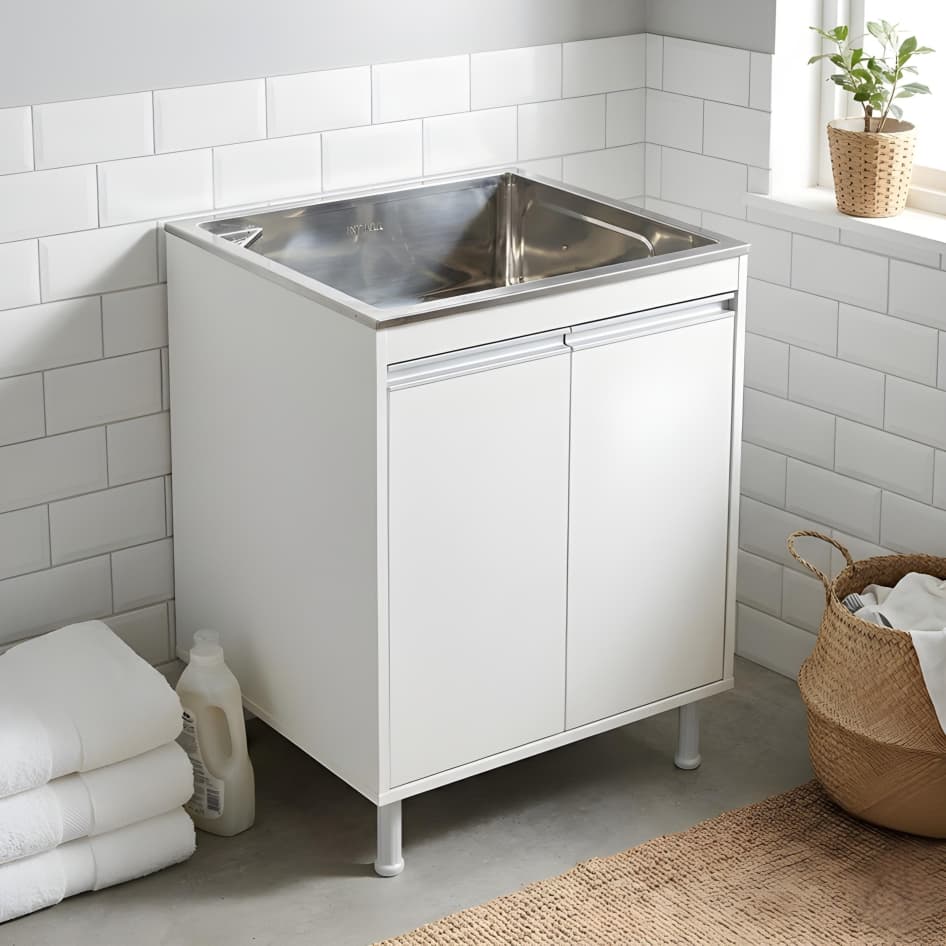 Tanque de Lavanderia Prático 46L em Inox com Gabinete Premium 2 Portas MDF | Grande e Resistente