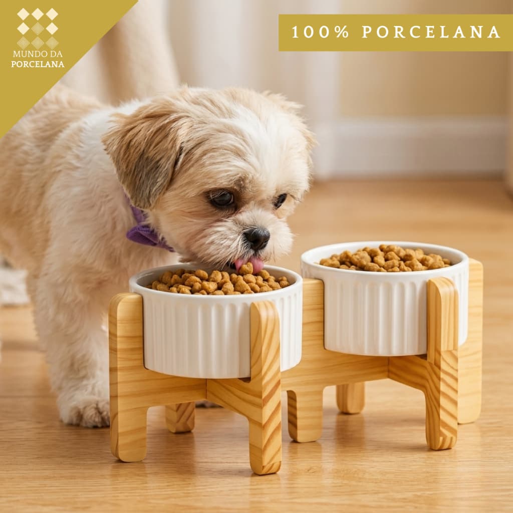 Comedouro Bebedouro Pet Elevado Duplo Pote Ração Água Porcelana 320ml