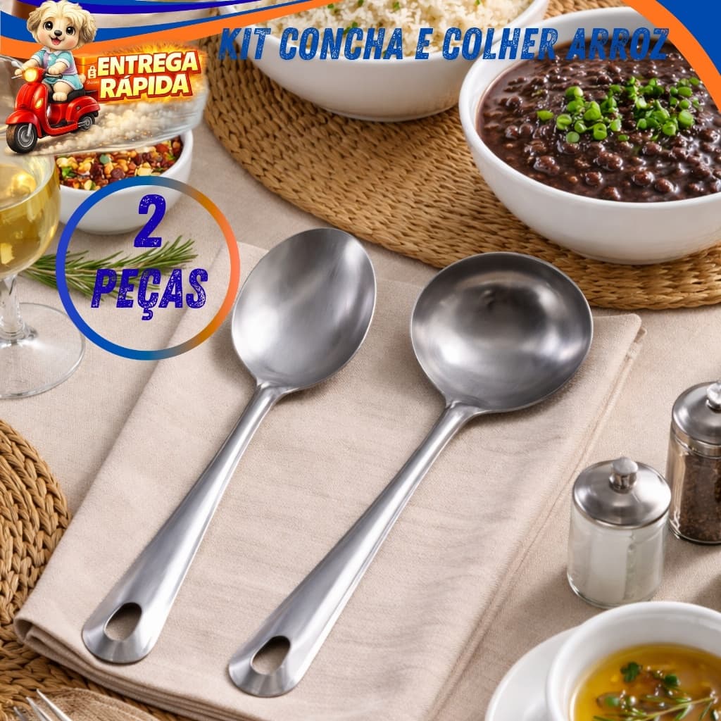 Kit Concha Colher de Arroz Cozinha Utensílios Aço Inox Resistente Servir Arroz Feijão Caldo Feijoada