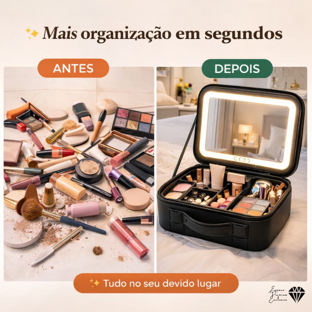 NECESSAIRE COM ESPELHO LED E ALÇA PORTÁTIL PRETA COM CABO USB MALETA MULTIUSO 12 COMPARTIMENTOS