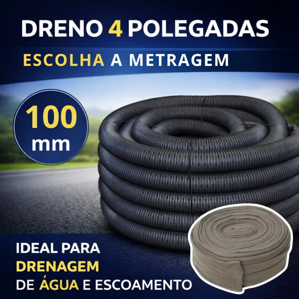 Tubo Duto PEAD Corrugado Dreno Perfurado 4 pol (100mm) Rolo 10 Metros para Drenagem e Construção Kit com Camisa de Bidim