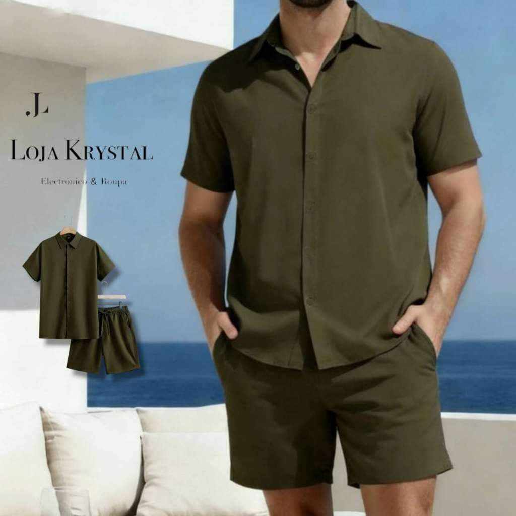 LK Conjunto Masculino Camisa Botão e Shorts Mauricinho Crepinho P M G GG