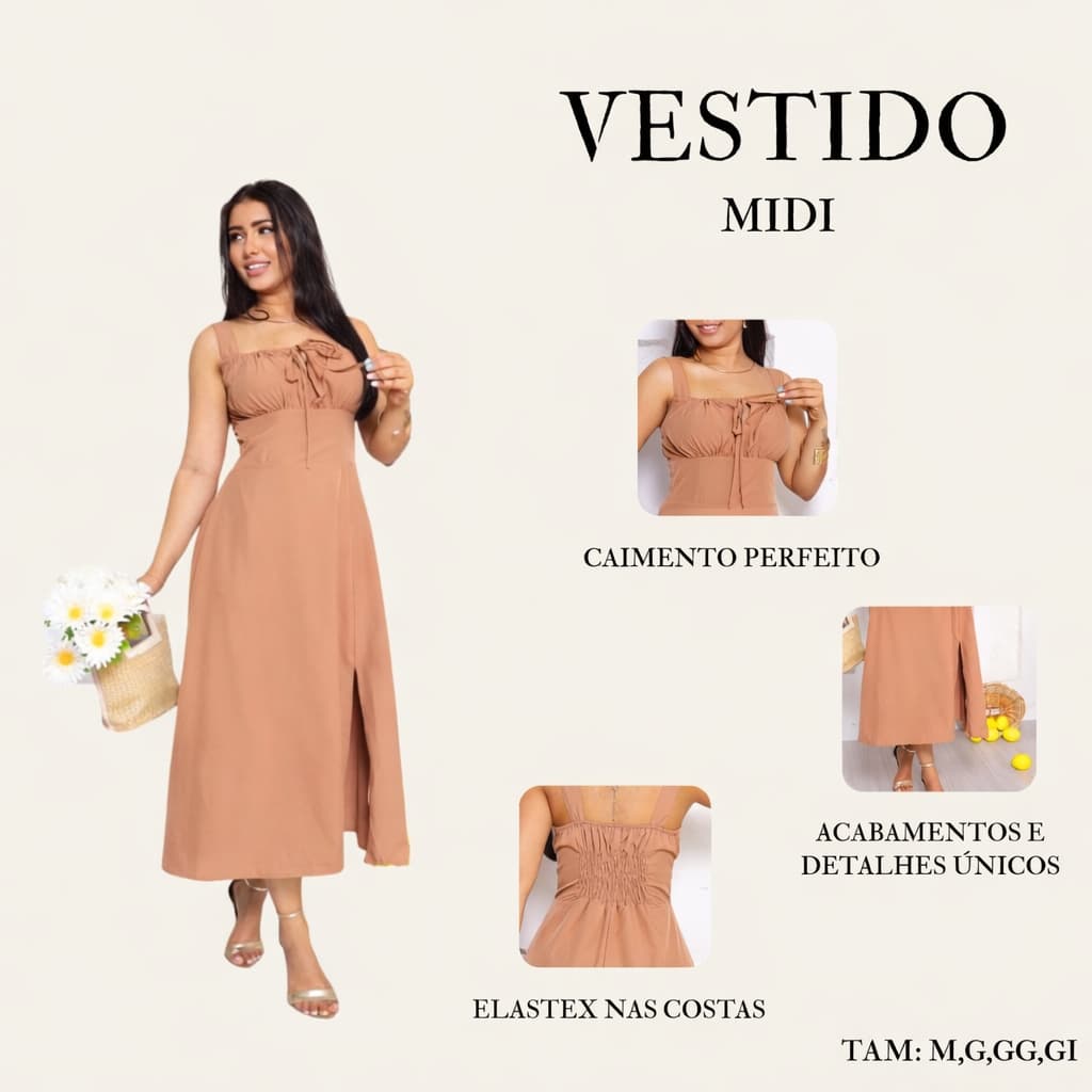 vestido midi femenino alza com forro, com fenda na frente e elastex nas costas