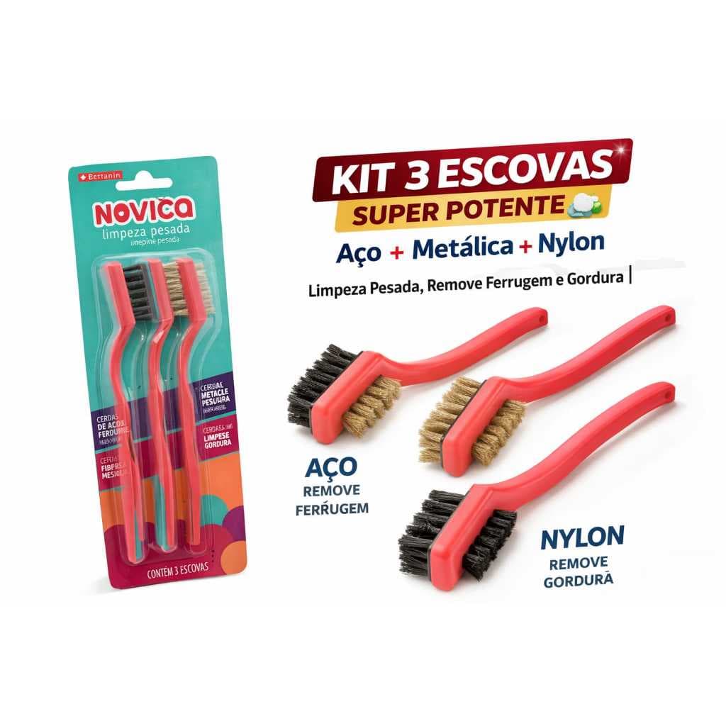 Kit 3 Escovas Limpeza Aço Metal Nylon Remove Ferrugem e Gordura