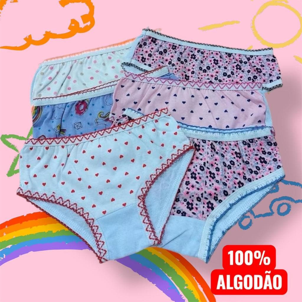 Kit 6 Calcinhas Infantil Algodão Puro Criança Conforto Extremo Sem Elástico Aperto Antialérgica Bebê