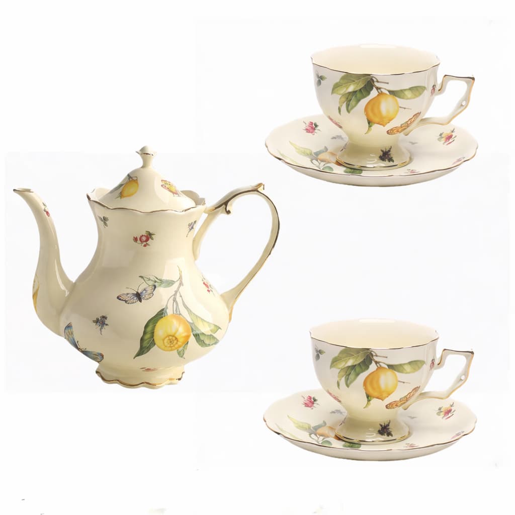 KIT Bule de Cerâmica Chá Cafe + Xicara Porcelana Floral Lemon Estilho Inglês Vintage ( BULE x1 + XICARAS x2)