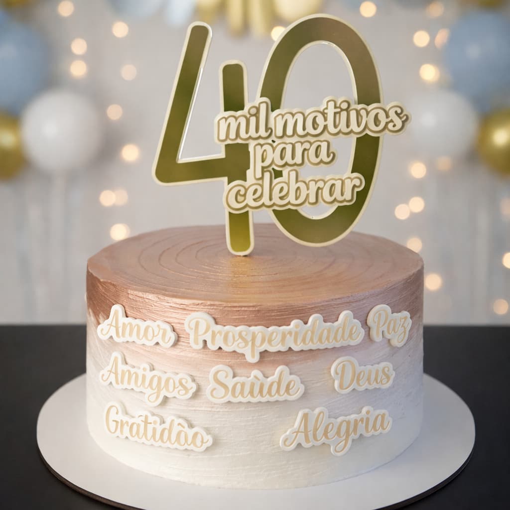 topo de bolo 40 mil motivos para celebrar, (com idade e nome personalizado)Deus gratidão amor Paz