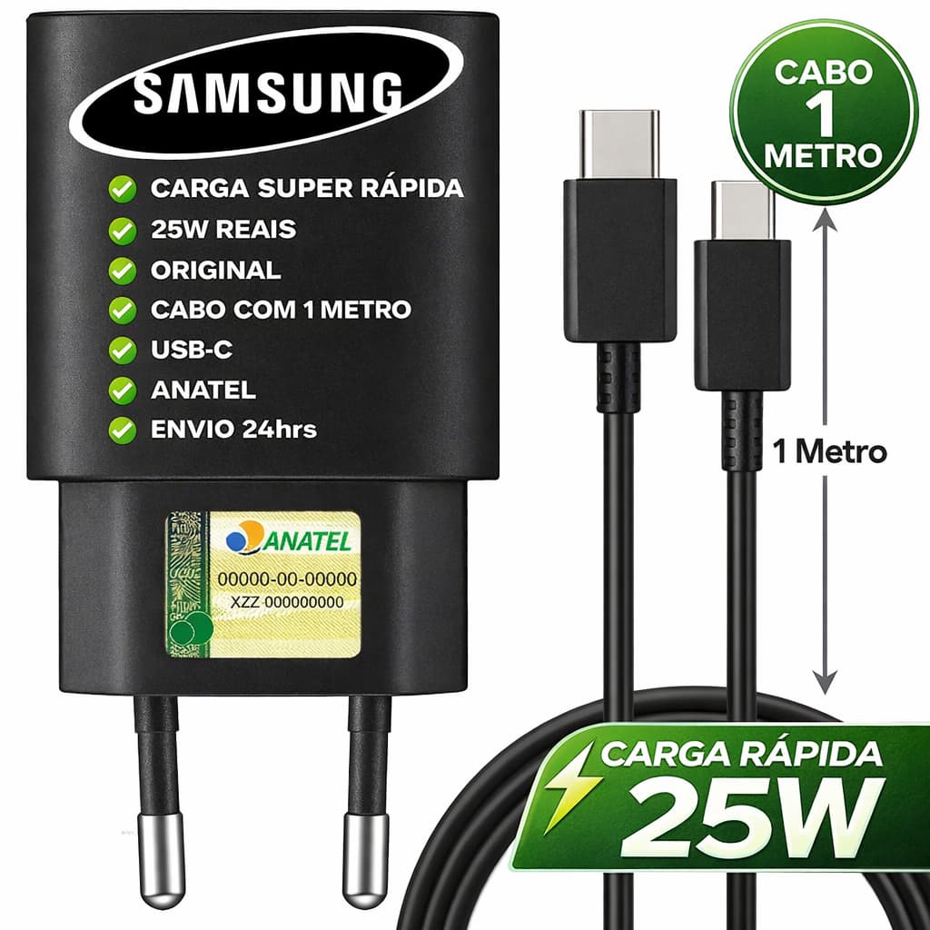Carregador 25W Samsung Super Rápido A05 A06 A15 A16 A35 A36 A55 A56