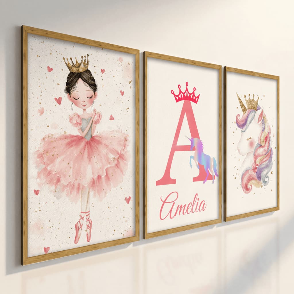 Quadros Decorativos Infantil Bailarina Unicórnio Kit 3 Peças Personalizado Nome Quarto Menina
