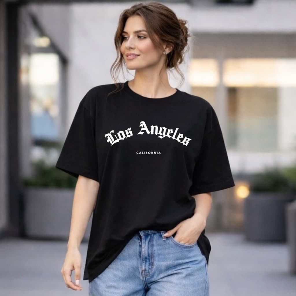 Camiseta Feminina Oversized Streetwear Blusa Camisa Larga Treino Academia Casual Los Angeles Camisa