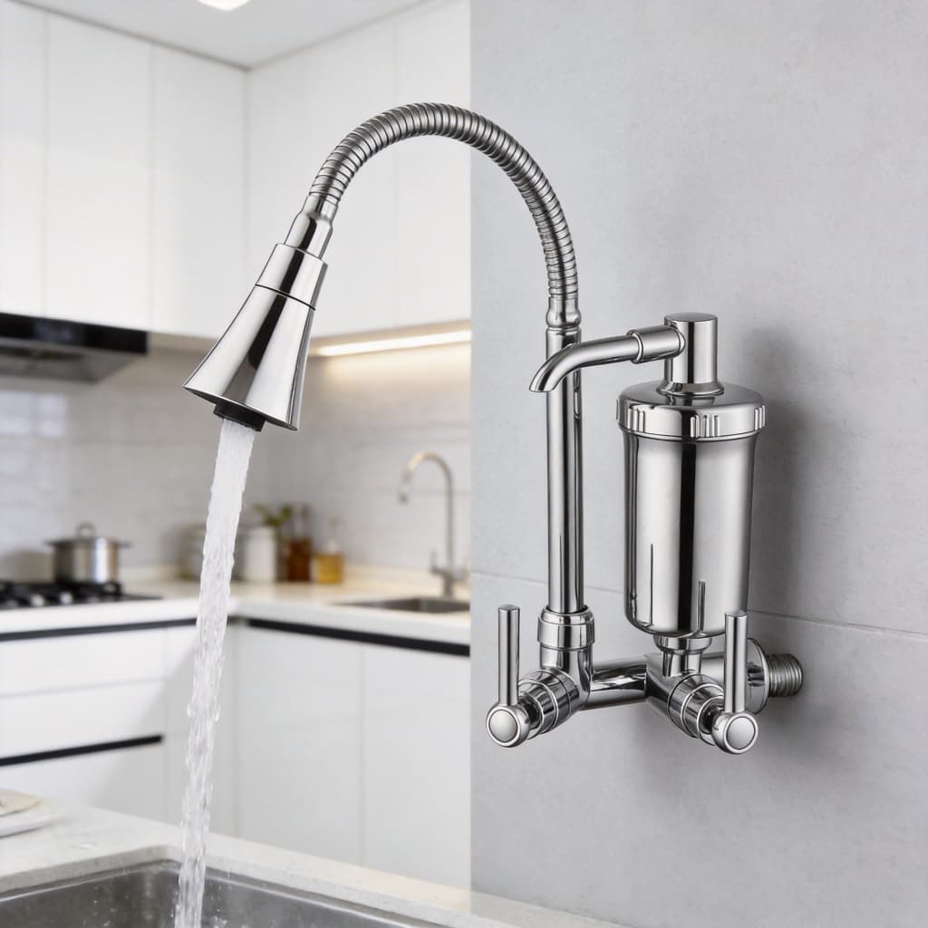 Torneira de Cozinha de Parede com Filtro Integrado, Bica Flexível 360°, ABS Anticorrosivo, Cor Prata