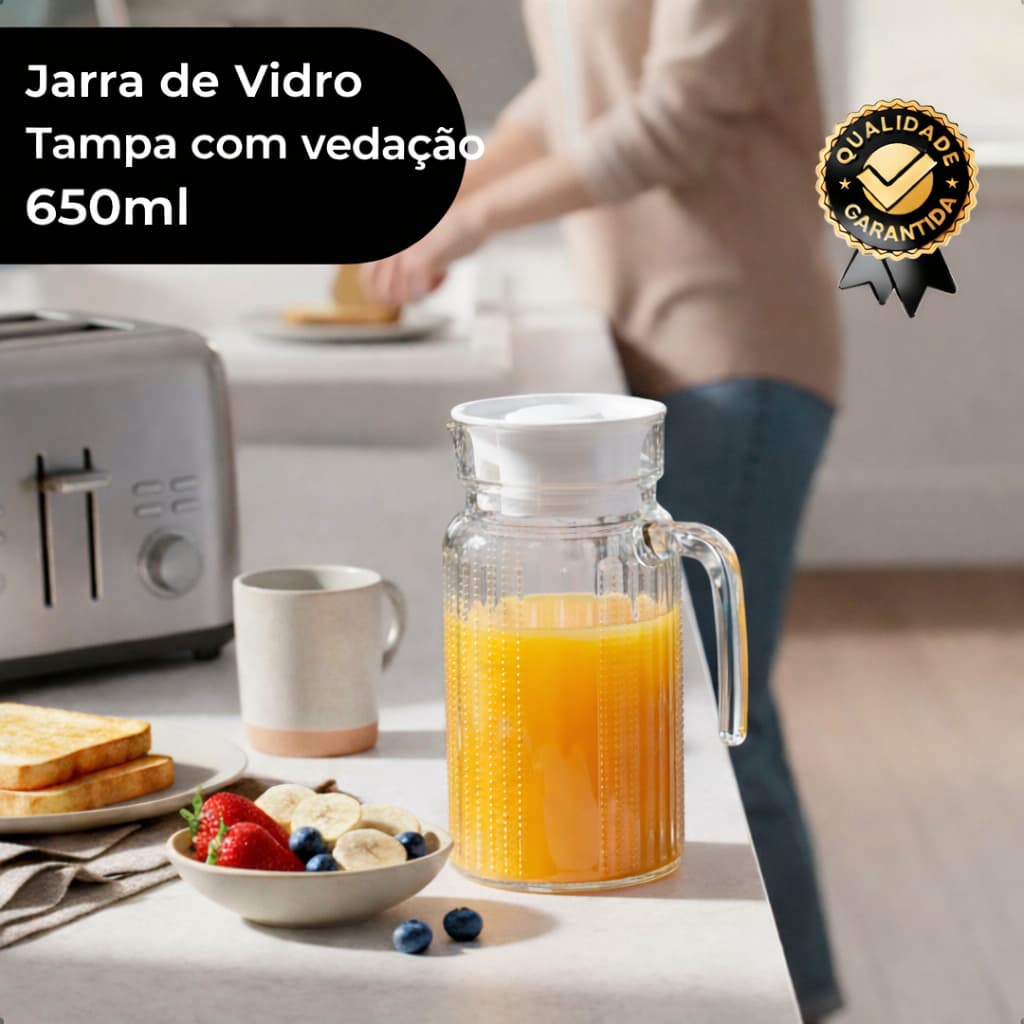 Conjunto 2 Jarras Vidro Listrado Resistente 650ml com Tampa Água Suco Chá