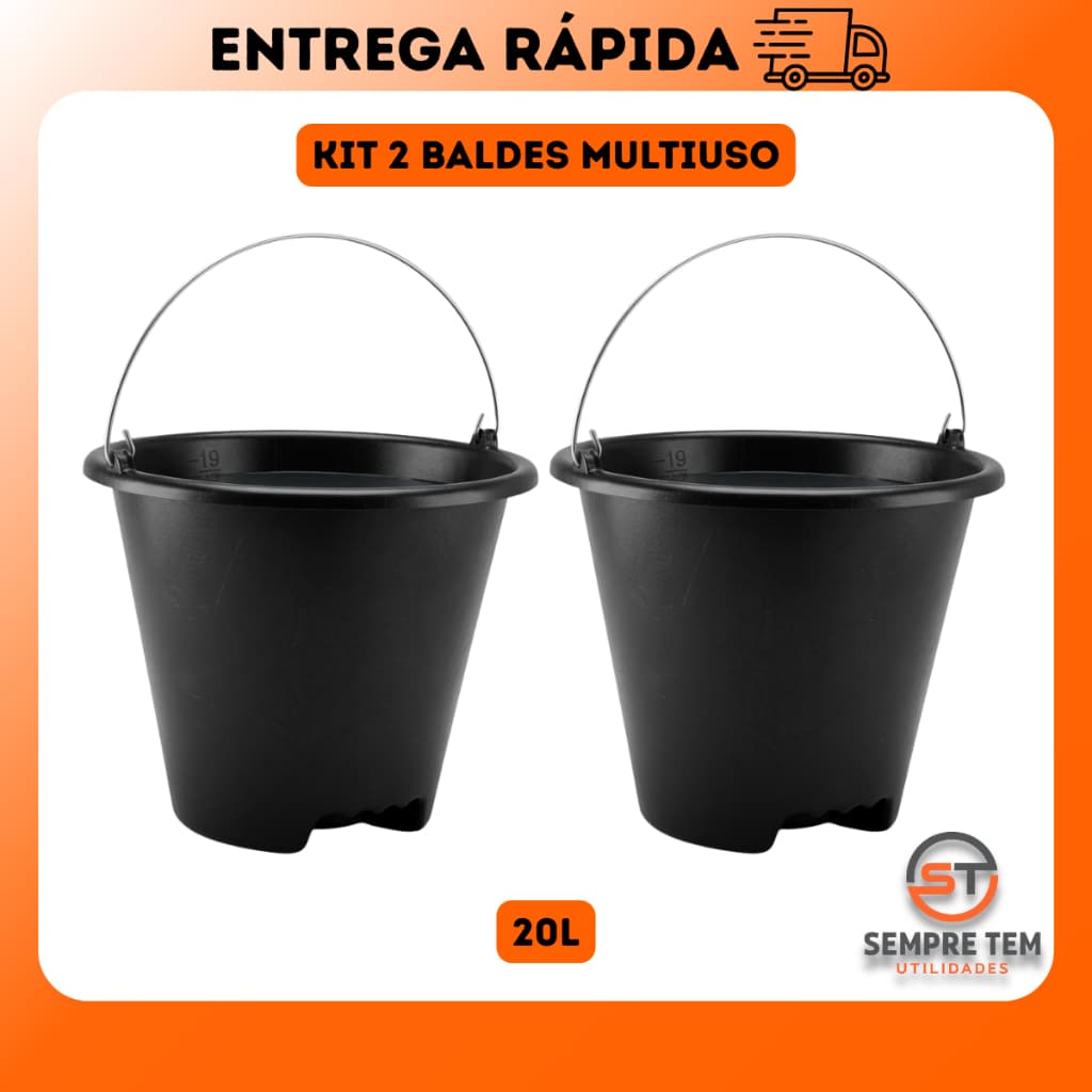 2 X Baldes Plastico Reforçado 20 Litros Com Alça Metal Limpeza Construção Pedreiro Jardim Apoio Mao