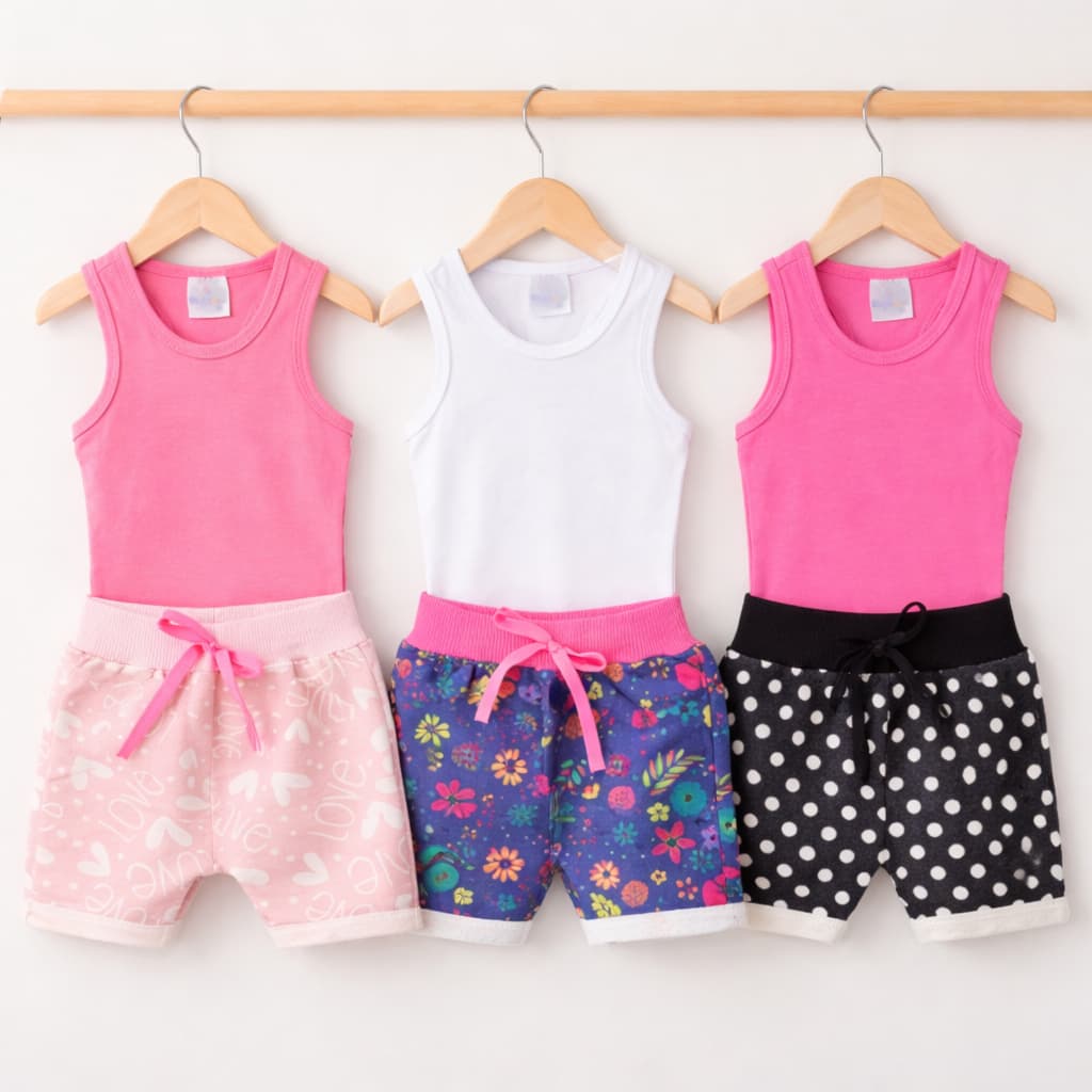 Kit 3 Conjuntos Bebê Menina Blusa Com Shorts Saruel Cores E Estampas Sortidas
