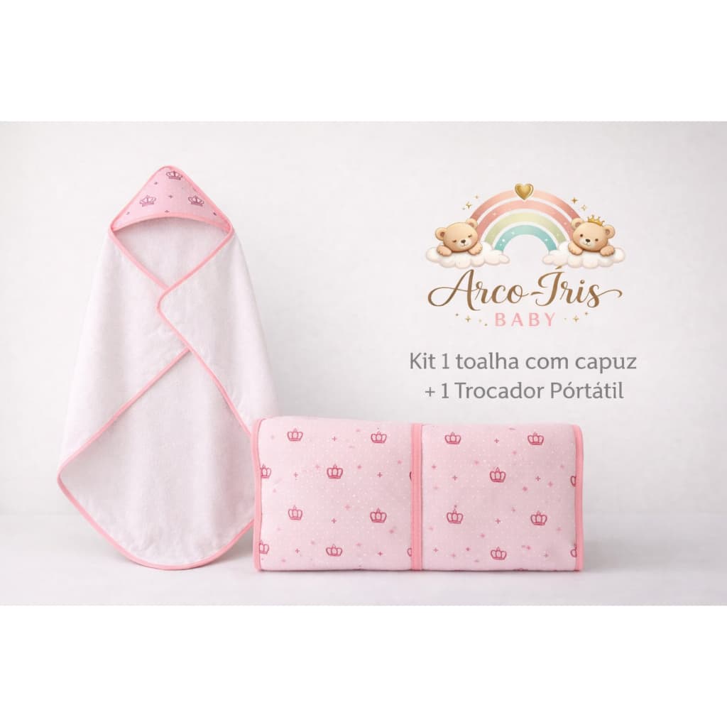 Kit Bebê Toalha Forrada com Capuz + Trocador Portátil Dobrável com Bolso | Enxoval Prático e Macio