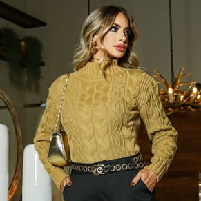 Blusa Tricot Feminina de Frio Elegante Manga Longa Gola Alta Trançada Lançamento Moda Inverno