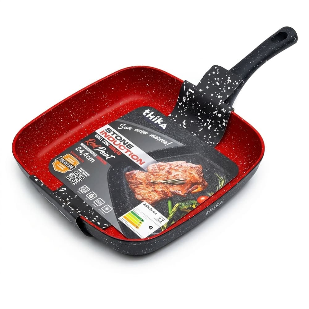 Frigideira Grill Quadrada 24cm Antiaderente Indução Stone Red Point Cabo Resistente fogão carne