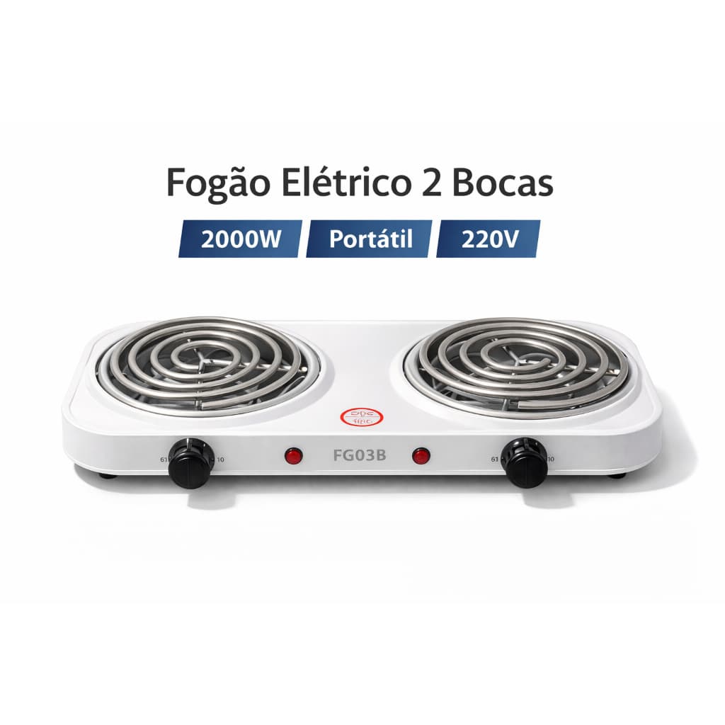 Fogão Elétrico 2 Bocas 2000W Portátil Branco 220V Espiral
